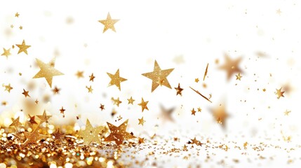 Falling Golden Stars on White Background, Fun Gold Isolated Overlay, Web Graphic Wallpaper, Customizable Abstract Backdrop