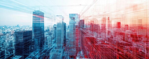Fototapeta premium Futuristic cityscape showcasing modern architecture with digital overlay. A vibrant blend of blue and red hues highlights urban innovation.