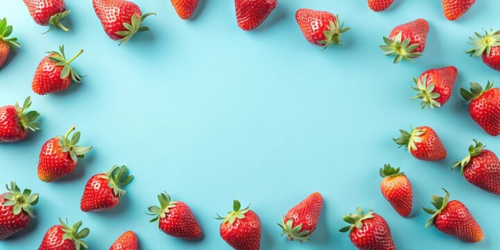 Light blue background with a strawberry pattern top view, strawberries, pattern, fruit, fresh, blue, background, texture, vibrant
