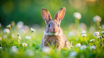 Fototapeta premium Adorable of a cute rabbit in a meadow , Rabbit, Cute, Meadow,Animal, Fluffy, Wildlife, Nature, Outdoors, Spring, Grass, Field, Furry