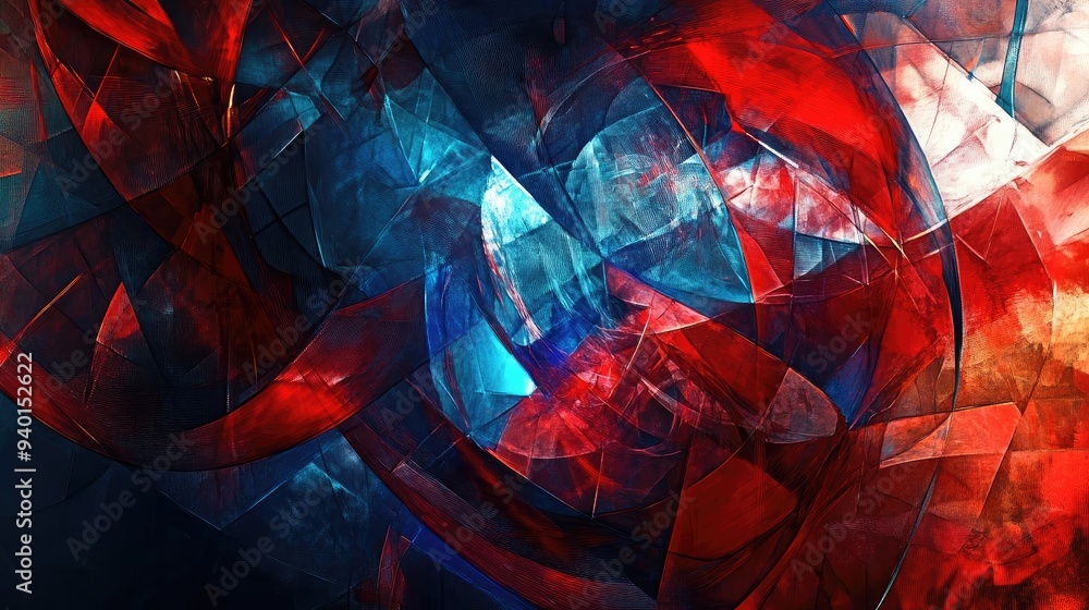 Poster vibrant abstract artwork featuring bold red and blue tones, creating a dynamic and energetic visual 