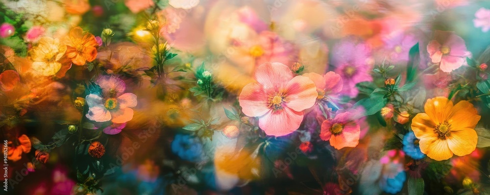 Poster a vibrant display of colorful flowers creating a dreamy and soft atmosphere, perfect for nature-them