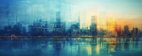 Obraz premium A stunning abstract cityscape at sunset, blending hues of blue and orange with soft reflections in water.