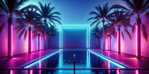 Naklejka premium Pool surrounded by palm trees with neon light at the end of it, Pool, palm trees, neon light, tropical, summer
