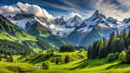 Fototapeta premium A stunning landscape in the mountains with snow-covered peaks and lush green valleys, mountains, landscape, snow, peaks
