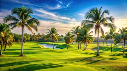 Obraz premium Golf course lined with tropical palm trees in Mexico, golf, course, tropical, palm trees, Mexico, green, lush, paradise