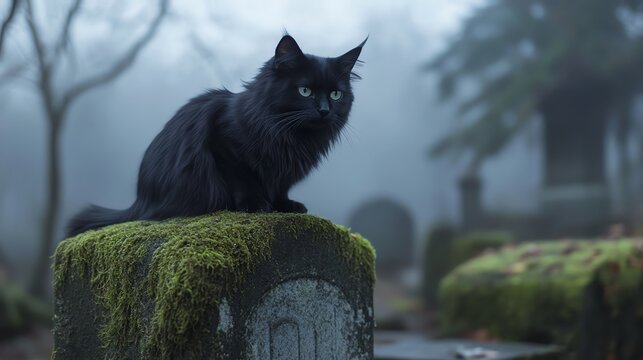 A black cat perched on a moss-covered tombstone in a misty, eerie graveyard, creating a spooky and atmospheric scene perfect for Halloween. - Powered by Adobe