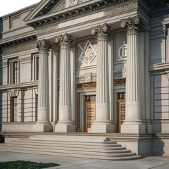 Obraz premium Detailed Close Up of Freemason Grand Lodge Entrance with Corinthian Columns and Masonic Symbols in Classic Architectural Style