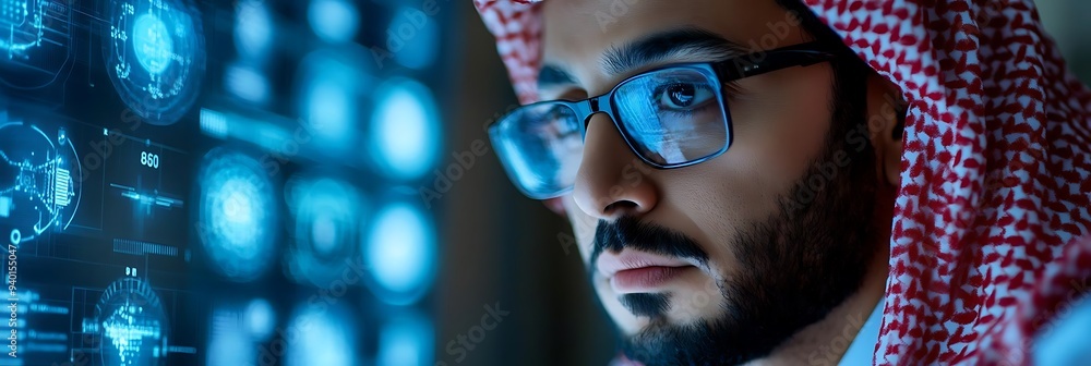 Aufkleber focused man in glasses looking at computer screen with blue interface - realistic image