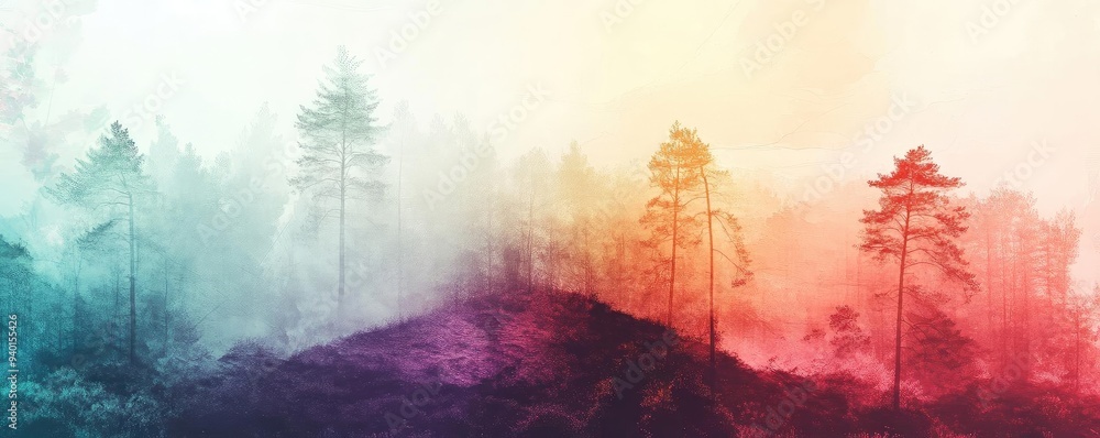 Poster a vibrant forest scene with colorful mist enveloping towering trees, creating a serene and enchantin