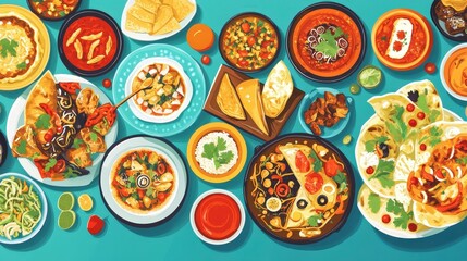 Culinary Diversity in Global Cuisines - Flat Design Illustration of Indian, Italian, Mexican, and Chinese Dishes