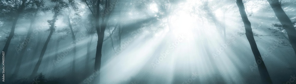 Poster a serene forest scene illuminated by soft beams of light, creating a mystical atmosphere among tall 