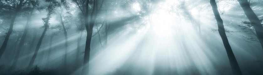 Obraz premium A serene forest scene illuminated by soft beams of light, creating a mystical atmosphere among tall trees.