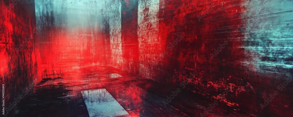 Poster abstract artwork featuring vibrant red and blue colors, creating a dynamic and immersive visual expe