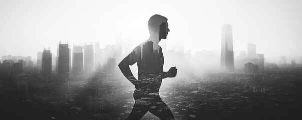 A silhouette of a runner in an urban landscape, capturing the essence of motion and determination against a dramatic backdrop.