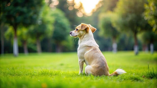 Back of small mix-breed dog sitting on grass lawn, watching and waiting for owner, dog, mix-breed, small, furry, grey, sitting, back