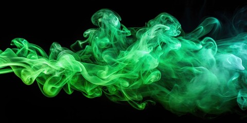 Thick, colorful green smoke swirls against a black background creating a striking visual effect reminiscent of vape smoke