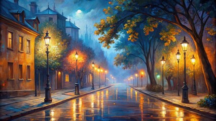 Acrylic painting of a peaceful street scene illuminated by street lights at night, acrylic, painting, street, night, cityscape