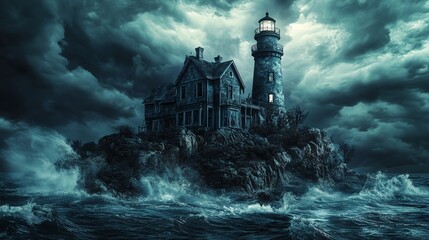 Mystical lighthouse and eerie house on rocky island amid stormy ocean waves and dark ominous clouds creating a haunting and dramatic sea scene.