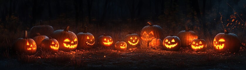 Spooky Halloween night with illuminated jack-o'-lanterns lined up in a dark, eerie forest setting.