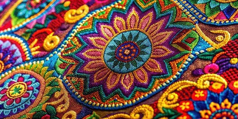 Fototapeta premium Close-up of colorful fabric texture with intricate patterns , textile, material, texture, clothing, sewing, design