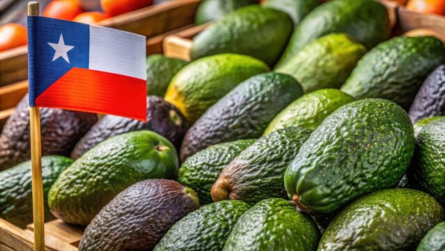 Close-up of Chilean Hass paltas with flag and price sign