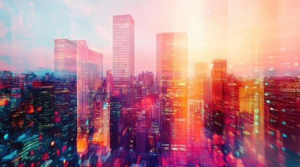 Fototapeta premium A vibrant city skyline showcases towering buildings illuminated by colorful lights at dusk, creating a stunning urban atmosphere.