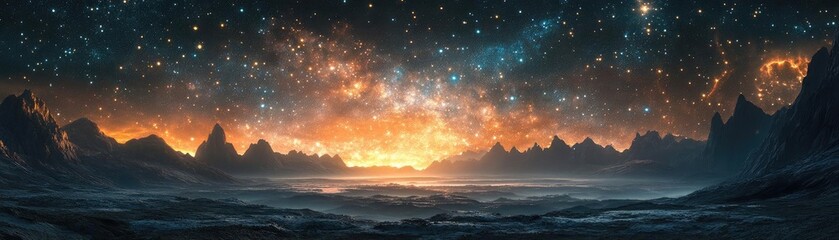 Naklejka premium A breathtaking cosmic landscape showcasing a vibrant sunset over distant mountains, illuminated by countless stars and galaxies.