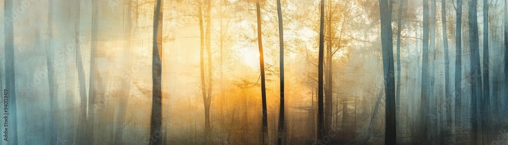 Poster a serene forest scene illuminated by soft, warm light filtering through misty trees, creating a tran