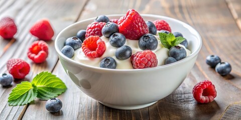 A bowl of healthy fruit and yogurt topped with fresh blueberries and raspberries, healthy, breakfast, bowl, yogurt