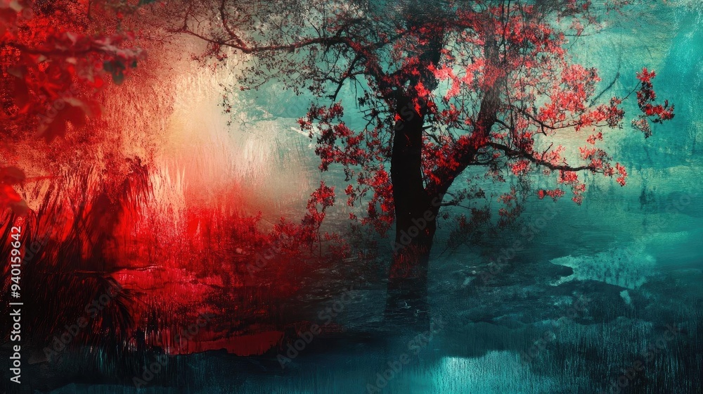 Poster a vibrant surreal forest scene featuring a tree surrounded by red and blue hues, creating an enchant