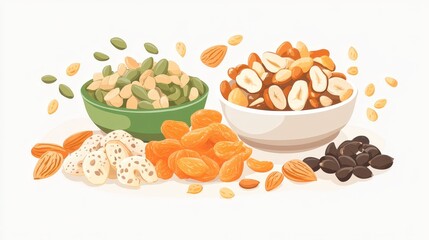 Nutritious Variety of Healthy Snack Choices - Flat Design Illustration of Nuts, Seeds, and Dried Fruits Promoting Wellness and Wellness Benefits