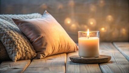Candle and pillow creating a calming atmosphere, relaxation, serenity, cozy, tranquil, peaceful, soothing
