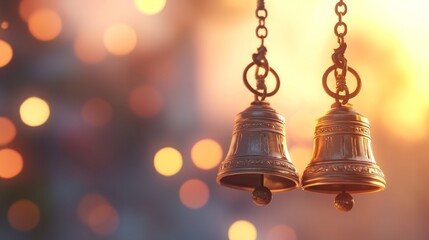 Obraz premium Golden temple bells hanging, festive ambiance, 3D illustration