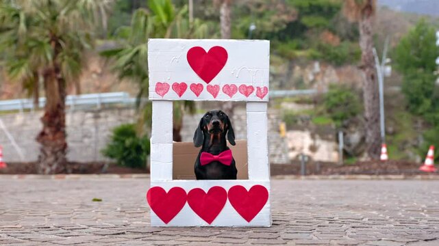 A cute dog poses in a heartadorned frame, ideal for celebrating Valentines Day with style and joy. The puppy looks pitifully at passers-by, waiting for someone to pet him or give him shelter.