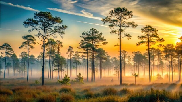 Towering longleaf pines silhouetted against glowing fog at sunrise in the Green Swamp of North Carolina