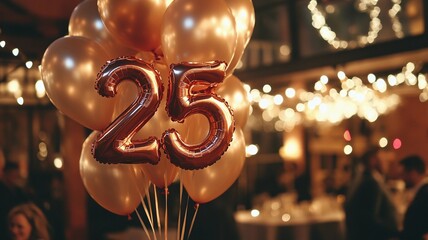 An elegant 25th birthday celebration featuring a bunch of sparkling balloons with bokeh lights in the background, creating a festive and luxurious atmosphere.