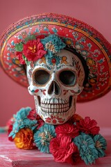 A skull with a Mexican sombrero on a pink background, for dia de los muertos and Cinco de Mayo. copy space 
