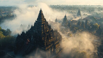 Aerial view of ancient temple surrounded by misty landscape