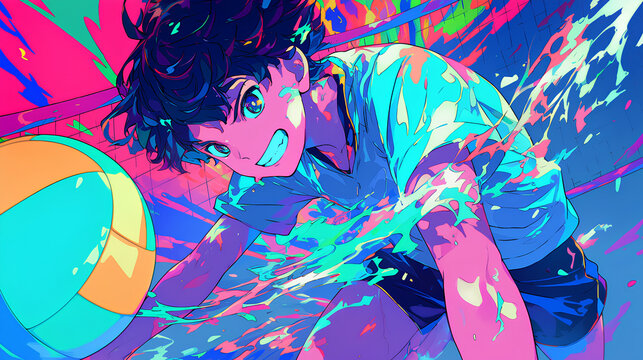 a boy playing volleyball, anime style, cute kawaii, simple, smiling happy, neon psychedelic background
