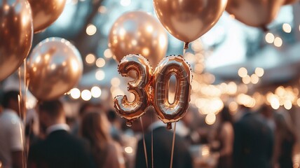 An elegant 30th birthday celebration featuring a bunch of sparkling balloons with bokeh lights in the background, creating a festive and luxurious atmosphere.