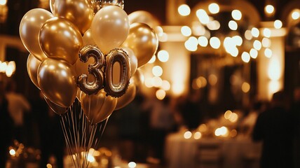An elegant 30th birthday celebration featuring a bunch of sparkling balloons with bokeh lights in the background, creating a festive and luxurious atmosphere.