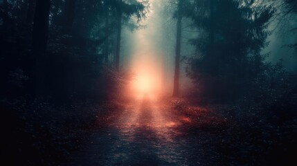 A mysterious forest path illuminated by an eerie glow, shrouded in mist and shadow, evoking a sense of intrigue and wonder.
