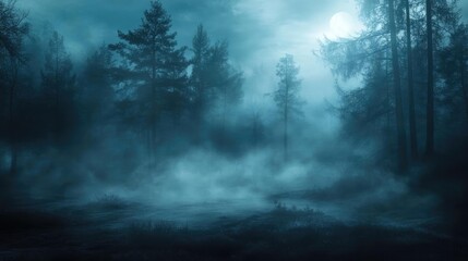 Naklejka premium Mysterious forest landscape shrouded in fog under a full moon, creating an eerie and atmospheric nighttime scene.