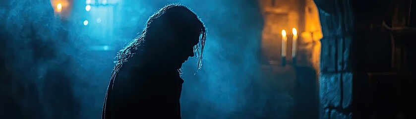 Fototapeta premium A mysterious figure in shadow, surrounded by a dramatic atmosphere of smoke and dim lighting, evokes intrigue and suspense.