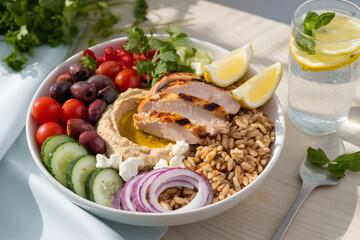 Mediterranean Grain Bowl with Grilled Chicken and Hummus