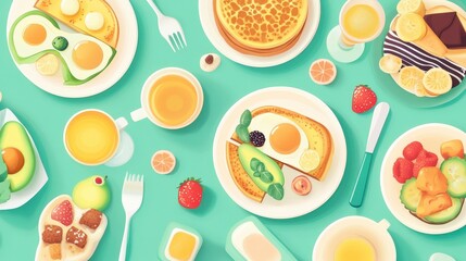 Colorful Flat Design Illustration of a Vibrant Brunch Scene with Avocado Toast, Mimosas, Pancakes, and Coffee in a Relaxed Setting