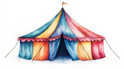 A colorful cute watercolor circus tent, isolated on white background 