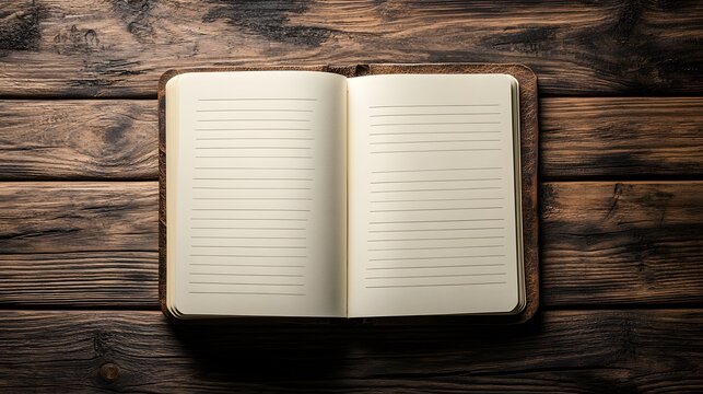 Open Notebook on Rustic Wooden Background.
