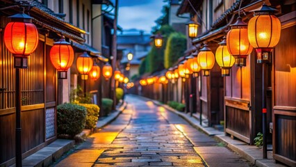Obraz premium Japanese lanterns glowing on the streets of Kyoto , traditional, illuminated, lanterns, night, Kyoto, Japan, cultural